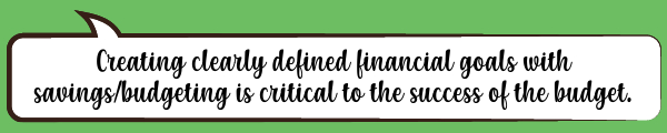 Speech Bubble: Creating clearly defined financial goals with savings/budgeting is critical to the success of the budget.