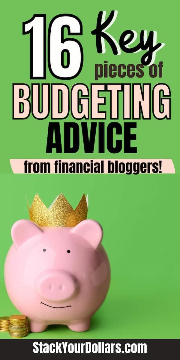 Piggy bank wearing crown with overlaid text: 16 key pieces of budgeting advice from financial bloggers