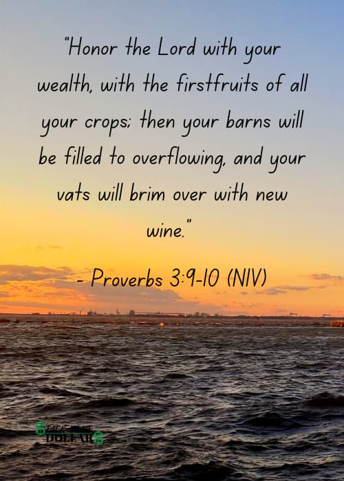 The Bible passage Proverbs 3:9-10 (NIV) on a background of a sunset over the sea