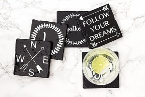 Farmhouse-themed chalkboard coasters